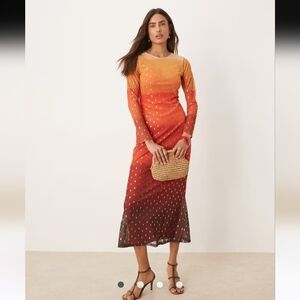 Never Fully Dressed Ombre Orange to Brown Midi Dress with Gold Dot Detail